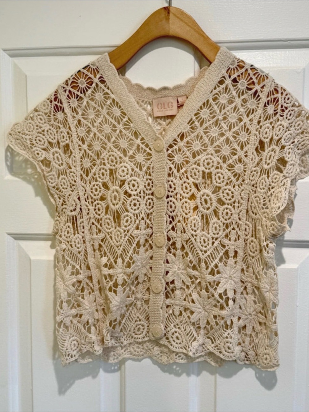 GLG Cream Crochet Button-Front Short Sleeve Cardigan🌼